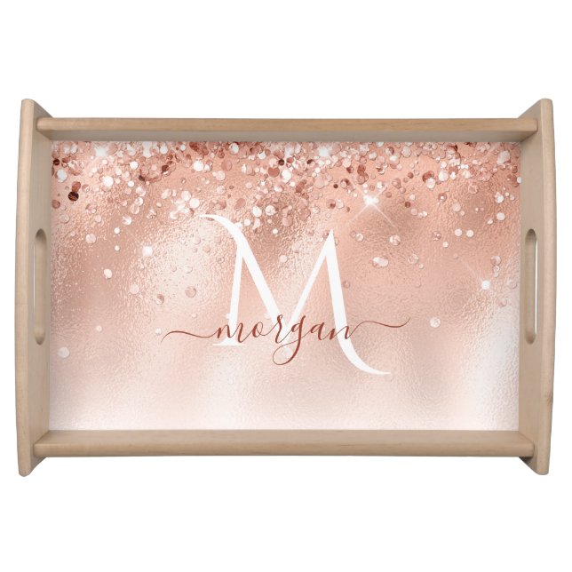 Glitter Peach Rose Gold Monogram Serving Tray (Front)