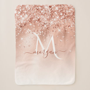 Glitter Peach Rose Gold Monogram Sherpa Blanket