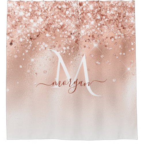Glitter Peach Rose Gold Monogram Shower Curtain