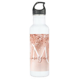 Glitter Peach Rose Gold Monogram Stainless Steel Water Bottle