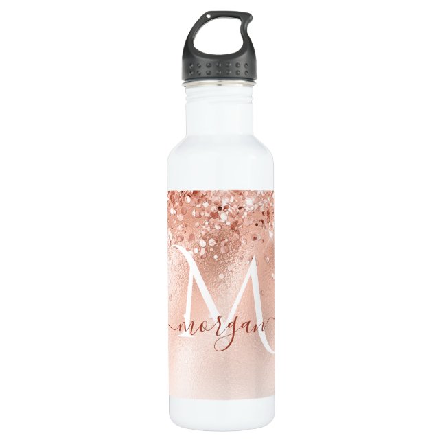 Glitter Peach Rose Gold Monogram Stainless Steel Water Bottle (Front)