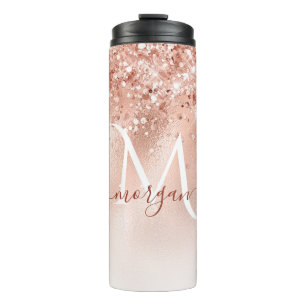 Glitter Peach Rose Gold Monogram Thermal Tumbler