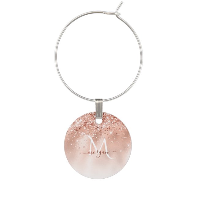 Glitter Peach Rose Gold Monogram Wine Charm (Front)