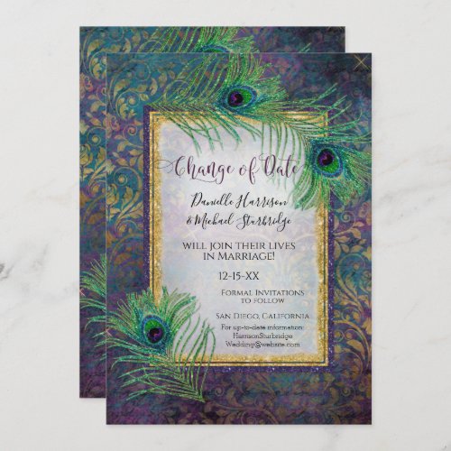 Glitter Peacock Feather Purple Photo Date Change Save The Date