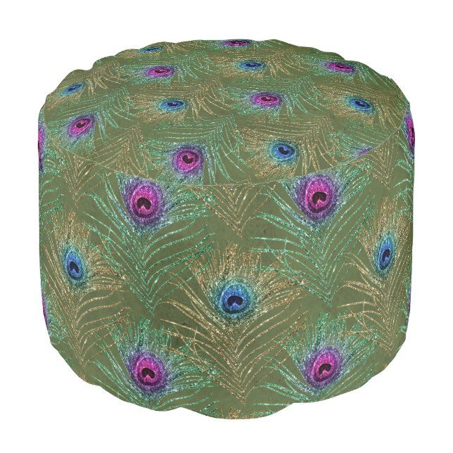 Glitter Peacock Feather Series Design 17 Pouf (Angled Front)