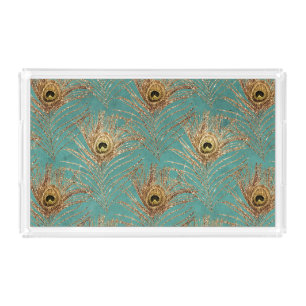 Glitter Peacock Feathers Pattern Acrylic Tray