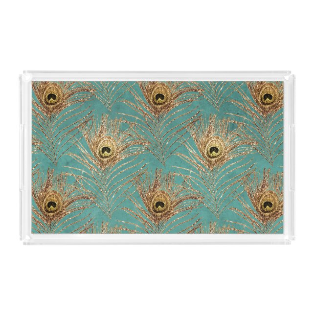 Glitter Peacock Feathers Pattern  Acrylic Tray (Front)