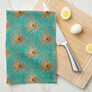 Glitter Peacock Feathers Pattern Kitchen Towel