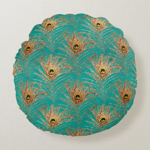Glitter Peacock Feathers Pattern Round Pillow