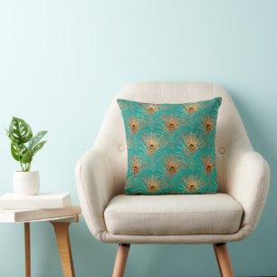 Glitter Peacock Feathers Pattern Throw Pillow