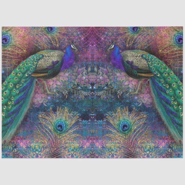 Glitter Peacocks Elegant Feathers Pink Decoupage Tissue Paper (Front)