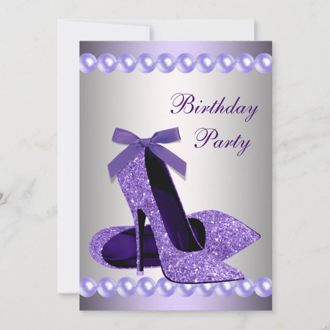 Glitter Pearls Purple High Heels Shoes Birthday Invitation (Front)