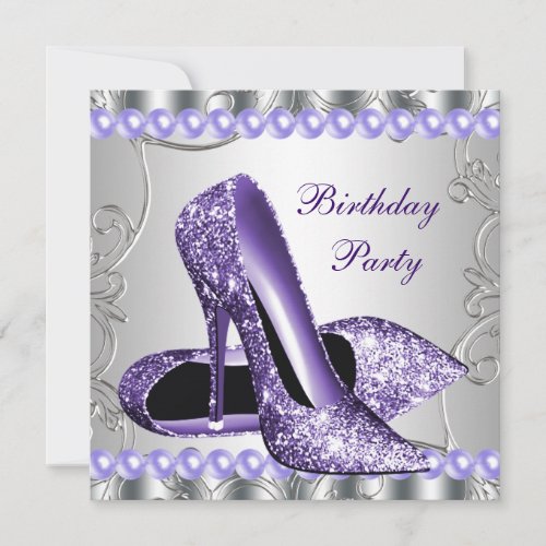 Glitter Pearls Purple High Heels Shoes Birthday Invitation