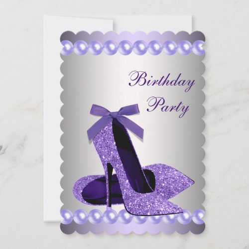 Glitter Pearls Purple High Heels Shoes Birthday Invitation