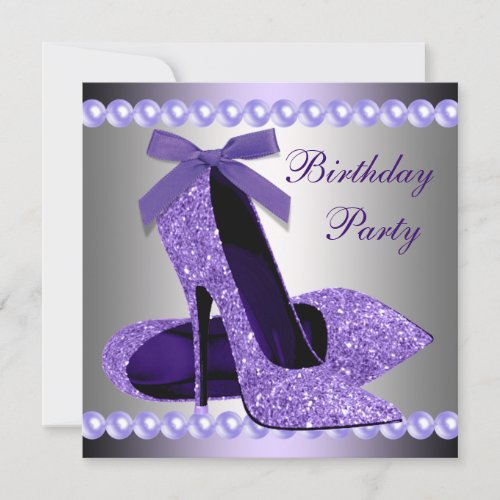 Glitter Pearls Purple High Heels Shoes Birthday Invitation