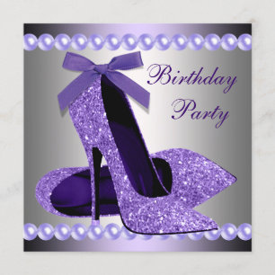 Glitter Pearls Purple High Heels Shoes Birthday Invitation