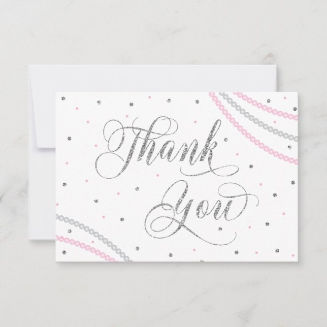Glitter & Pearls Thank You Card, Pink, Faux Silver Card (Front)