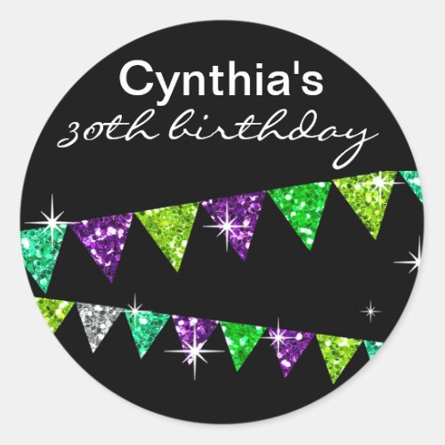 Glitter Pennant Flags 30th Birthday Celebration Classic Round Sticker