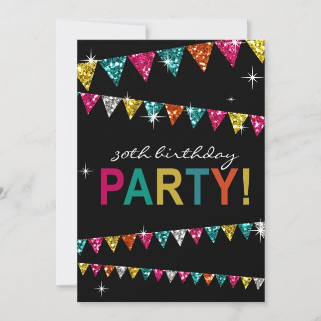 Glitter Pennant Flags 30th Birthday Celebration Invitation (Front)