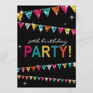 Glitter Pennant Flags 30th Birthday Celebration Invitation