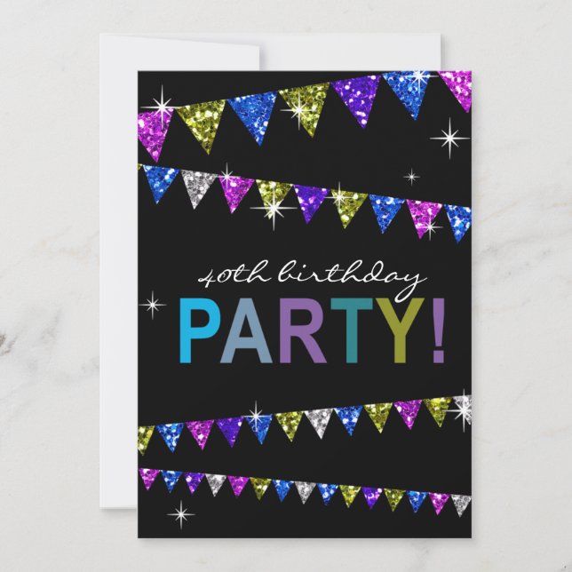 Glitter Pennant Flags 40th Birthday Celebration Invitation (Front)
