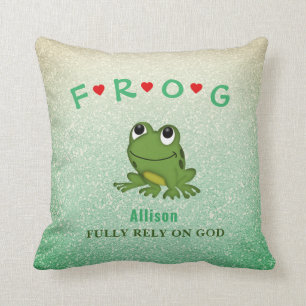 Glitter Personalized Fully Rely on God Frog   Throw Pillow