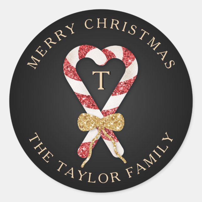 Glitter Personalized Monogram Merry Christmas Classic Round Sticker (Front)