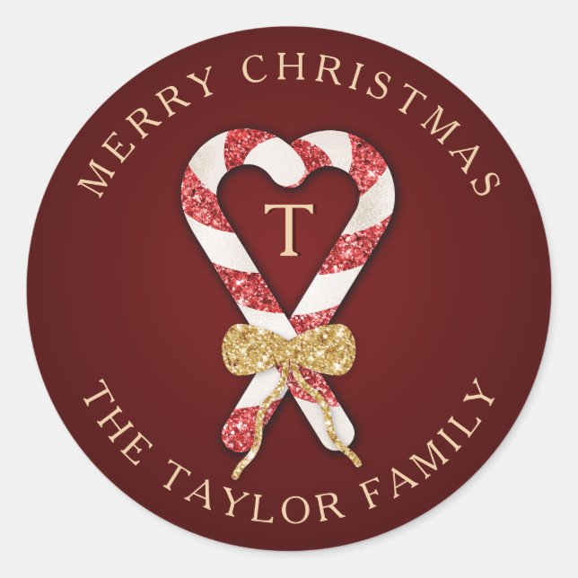 Glitter Personalized Monogram Merry Christmas Classic Round Sticker (Front)