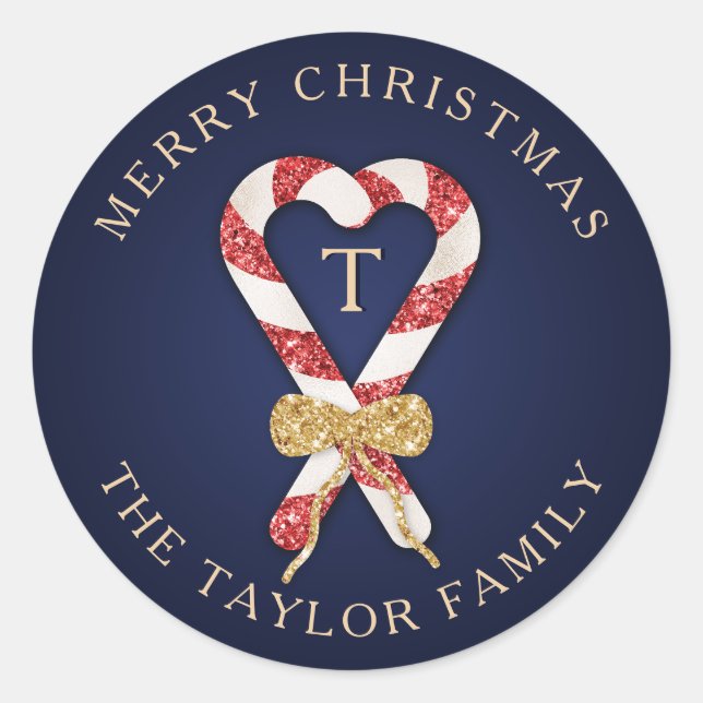 Glitter Personalized Monogram Merry Christmas Classic Round Sticker (Front)