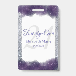Glitter Personalized Purple Silver 21st Birthday Badge