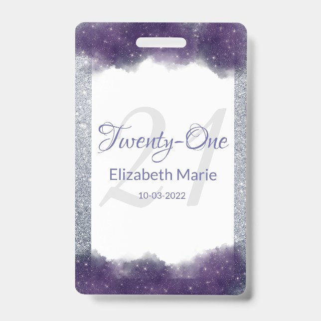 Glitter Personalized Purple Silver 21st Birthday Badge (Front)