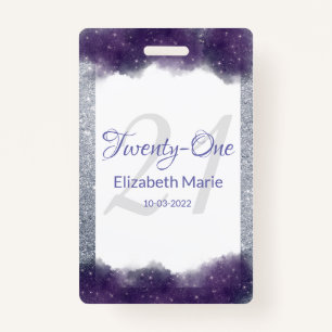 Glitter Personalized Purple Silver 21st Birthday Badge