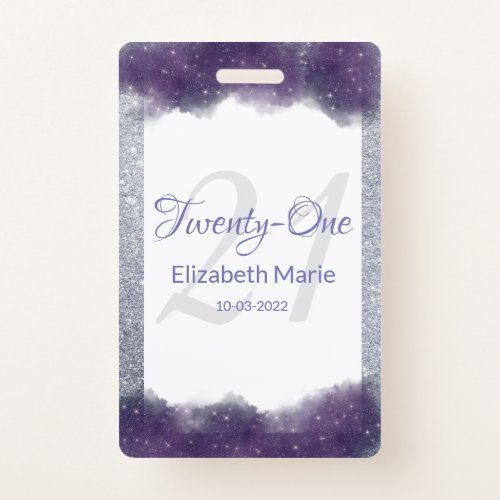 Glitter Personalized Purple Silver 21st Birthday Badge