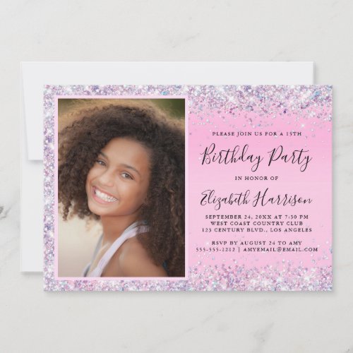 Glitter Photo Pink 15th Birthday Party Invitation