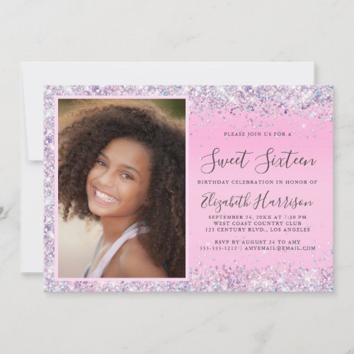 Glitter Photo Pink Sweet 16 Birthday Party Invitation