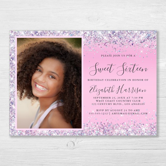 Glitter Photo Sweet 16 Birthday Party Invitation (Creator Uploaded)