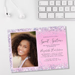 Glitter Photo Sweet 16 Birthday Party Invitation<br><div class="desc">Budget-friendly pretty,  glamorous and girly sweet 16 birthday party invitation with sparkly holographic purple,  pink and silver faux glitter confetti along the borders on a pink background,  her photo,  and "Sweet Sixteen" and her name in a soft grey trendy script.</div>