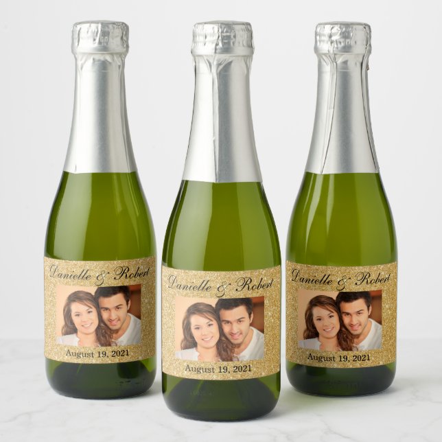 Glitter Photo Wedding Mini Sparkling Wine Favor La Sparkling Wine Label (Bottles)