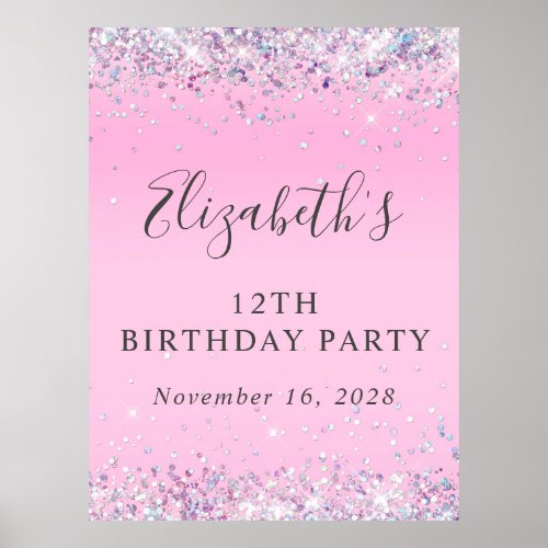 Glitter Pink 12th Birthday Party Poster