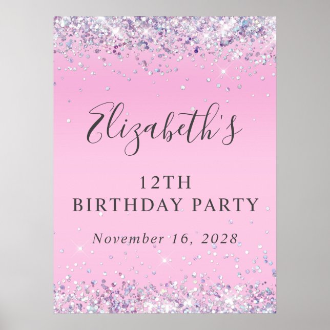 Glitter Pink 12th Birthday Party Poster (Front)