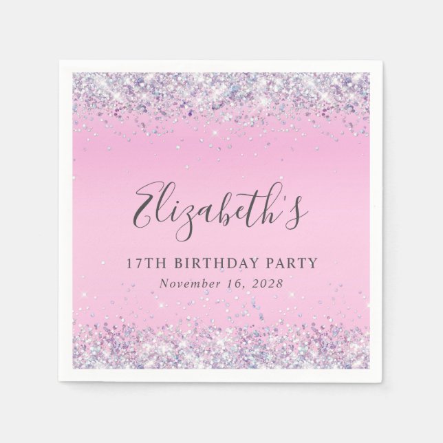 Glitter Pink 17th Birthday Party Napkins (Front)