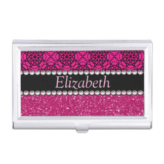 Glitter Pink and Black Pattern Rhinestones Business Card Holder