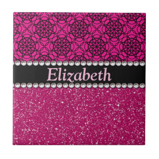 Glitter Pink and Black Pattern Rhinestones Ceramic Tile