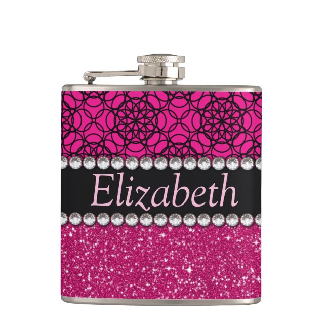 Glitter Pink and Black Pattern Rhinestones Flask (Front)