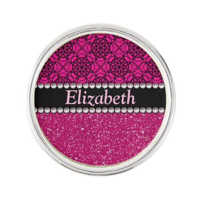 Glitter Pink and Black Pattern Rhinestones Lapel Pin (Front)