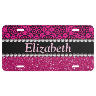 Glitter Pink and Black Pattern Rhinestones License Plate