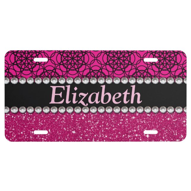 Glitter Pink and Black Pattern Rhinestones License Plate (Front)