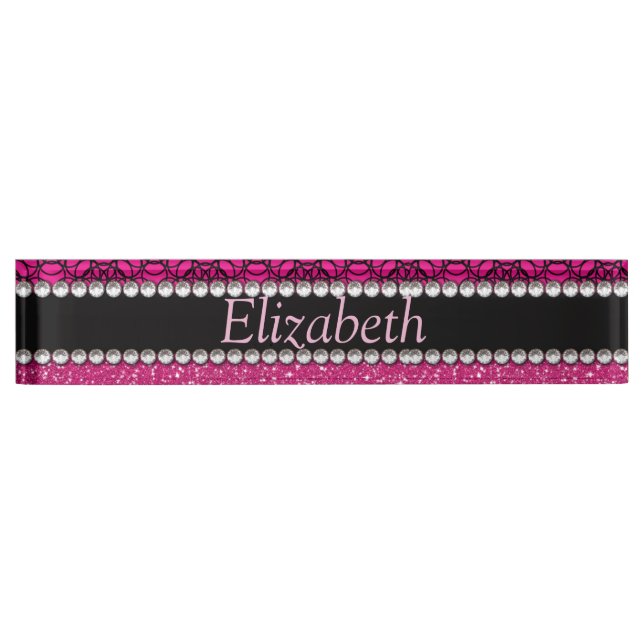 Glitter Pink and Black Pattern Rhinestones Nameplate (Front)