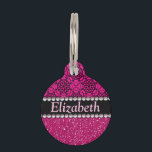 Glitter Pink and Black Pattern Rhinestones Pet ID Tag<br><div class="desc">A hot pink / purple glitter that sparkles on the bottom,  and bright pink / purple with a black twirl / swirl design background pattern on the top. The center is left for personalization / personalize surrounded with white diamond rhinestones (faux). (PHOTO PRINT)</div>