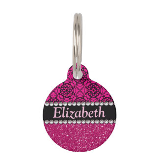 Glitter Pink and Black Pattern Rhinestones Pet ID Tag